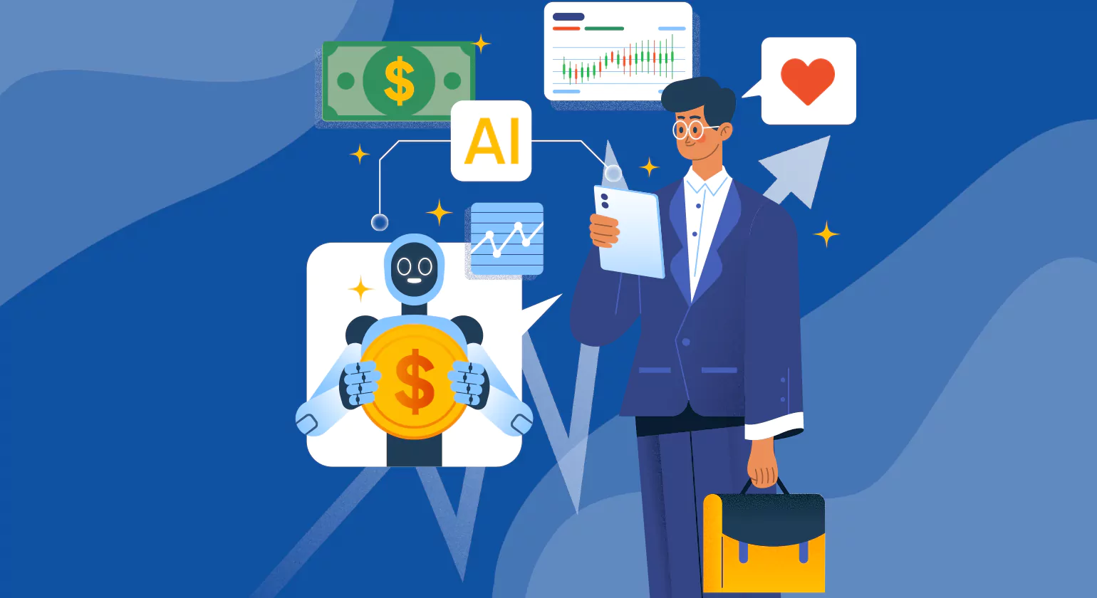 Colorful illustration of a businessman in a blue suit holding a clipboard, standing next to an AI robot holding a golden dollar coin. Surrounding them are icons representing analytics, money, and engagement metrics against a blue background.