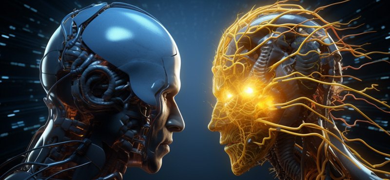 Two AI head profiles facing each other - representing the contrast between traditional and advanced artificial intelligence approaches to lead generation.